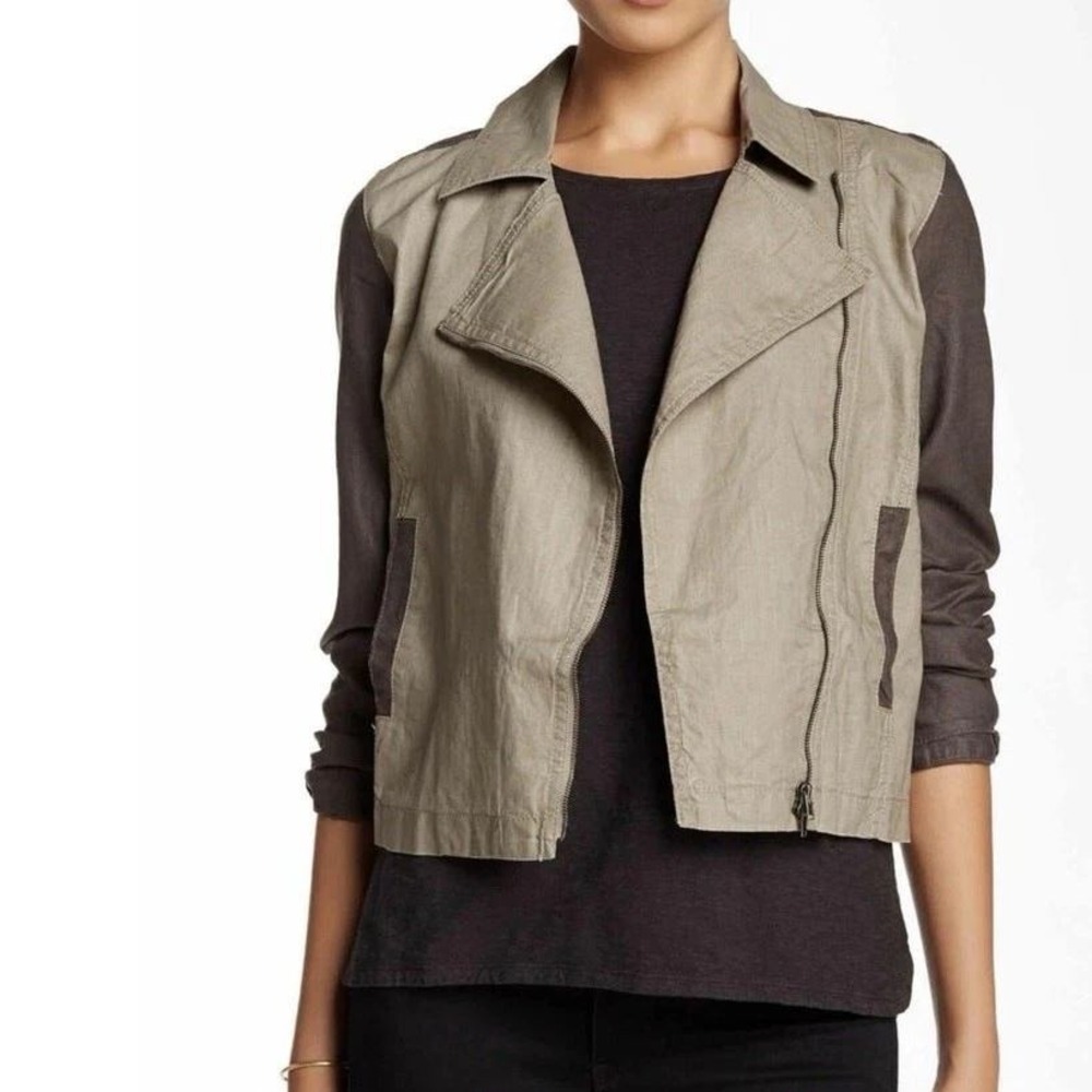 Eileen Fisher Womens Moto Jacket Petite M Coated Linen Stone Utility Colorblock